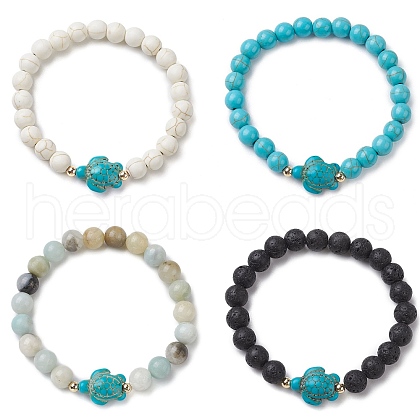 4Pcs Round Natural Amazonite & Lava Rock & Synthetic Turquoise Beaded Stretch Bracelets BJEW-JB10269-1