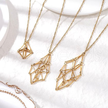3Pcs 3 Styles 304 Stainless Steel Cuboid Link Chain Macrame Pouch Empty Stone Holder Necklace Making NJEW-JN05198-1