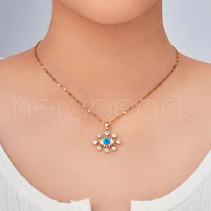 Bohemian Style Brass Enamel Deep Sky Blue Snowflake Eye Pendant Necklaces with Clear Cubic Zirconia BS2376-1