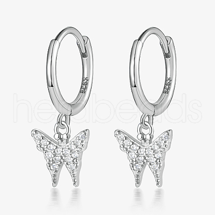 Rhodium Plated 925 Sterling Silver Micro Pave Cubic Zirconia Dangle Hoop Earrings QR5744-2-1