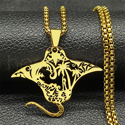 304 Stainless Steel Stingray Hollow Fish Pendant Necklaces NJEW-H065-29G-1