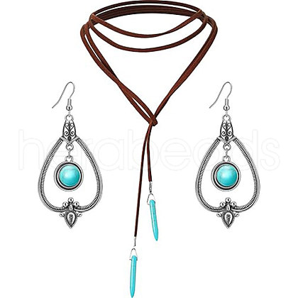Alloy & Synthetic Turquoise Earrings & Leather Cord Necklaces Sets FS-WG48C4B-03-1