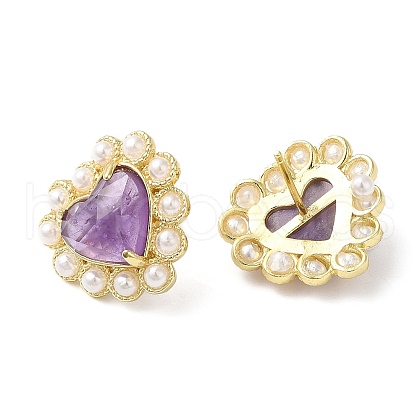Natural Amethyst Heart Stud Earrings with Plastic Pearl Beaded EJEW-E599-02G-02-1