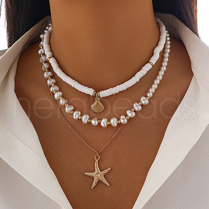 Shell Shape & Starfish Alloy & Plastic Pearl & Polymer Clay Pendant 3 Layered Necklaces for Women FS-WG726DA-10-1