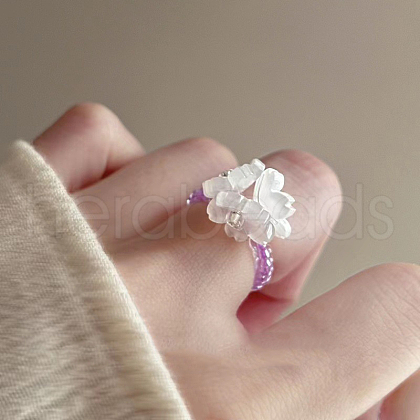 Flower Acrylic with Glass Seed Beaded Finger Rings for Women FS-WG5CC16-02-1