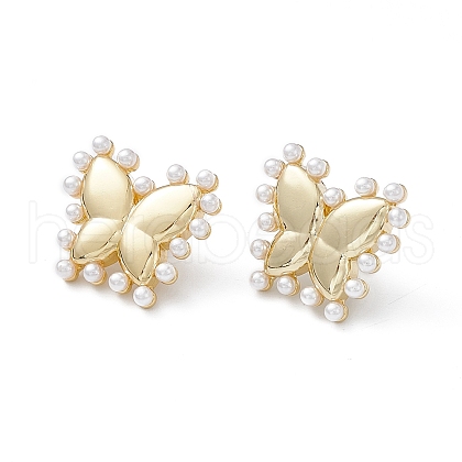 Long-Lasting Plated Brass Stud Earrings with Plastic Pearl for Women EJEW-A088-05G-1