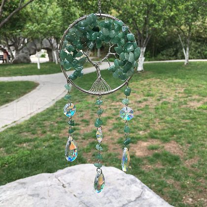 Metal Wire Wrapped Natural Green Aventurine Chips Flat Round with Tree of Life Pendant Decorations. Hanging Suncatchers TREE-PW0003-11F-1