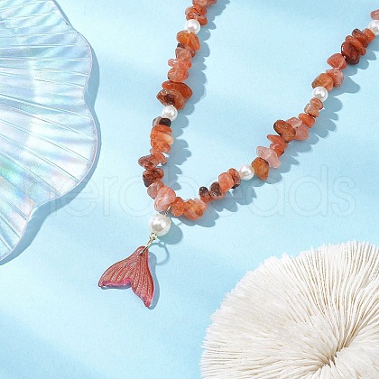 Natural South Red Agate Chip & Imitaton Round Pearl Beaded Adjustable Necklaces NJEW-JN05227-06-1