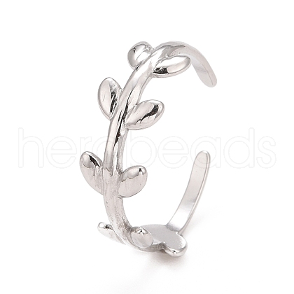 304 Stainless Steel Leaf Wrap Open Cuff Ring for Women RJEW-C025-15P-1
