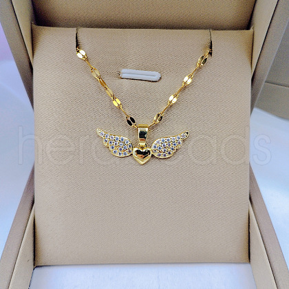 Brass Micro Pave Clear Cubic Zirconia Angel Wing Heart Pendant Necklaces FS-WG253B6-01-1
