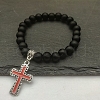 Zinc Alloy Red Enamel Cross Charm Natural Frosted Black Stone Beaded Stretch Bracelets for Women Men Gift GG0181-1