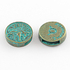 Antique Bronze & Green Patina Plated Flat Round Zinc Alloy Slide Charms X-PALLOY-Q307-04-NR-1