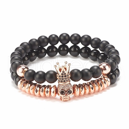 2Pcs 2 Style Synthetic Hematite & Black Stone & Natural Obsidian Stretch Bracelets Set with Cubic Zirconia Skull BJEW-JB08120-04-1