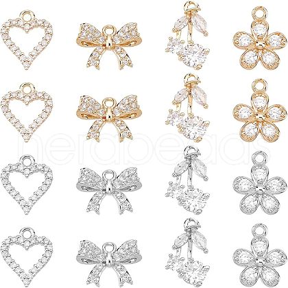 SUPERFINDINGS 16Pcs 8 Style  Rack Plating Brass Micro Pave Cubic Zirconia Charms ZIRC-FH0001-17-1