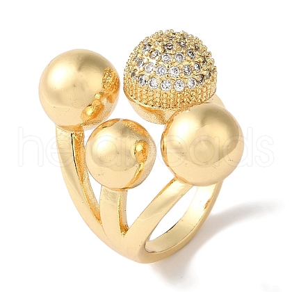Brass Micro Pave Clear Cubic Zirconia Round Ball Open Cuff Rings for Women RJEW-C098-18G-1