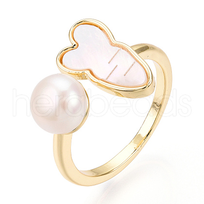 Mother's Day Jewellery Natural Pearl Open Cuff  Ring with Msilver-Lipped Pearl Oyster PEAR-N022-C09-1