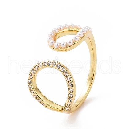 Clear Cubic Zirconia Hollow Out Teardrop Open Cuff Ring with ABS Plastic Imitation Pearl Beaded RJEW-G283-03G-1