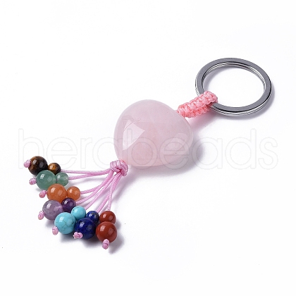 Natural Rose Quartz Heart with Mixed Gemstone Tassel Keychains KEYC-P012-03P-04-1