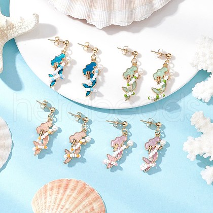 Mermaid 304 Stainless Steel Glass Seed Beads Dangle Stud Earrings EJEW-MZ00460-1