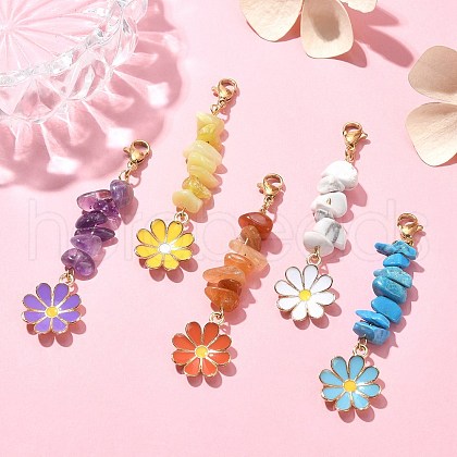 Flower Alloy Enamel & Natural Red Aventurine & Amethyst & Lemon Jade & Synthetic Turquoise & White Howlite Chip Pendant Decoration HJEW-JM01223-S-1