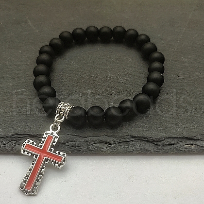 Zinc Alloy Red Enamel Cross Charm Natural Frosted Black Stone Beaded Stretch Bracelets for Women Men Gift GG0181-1