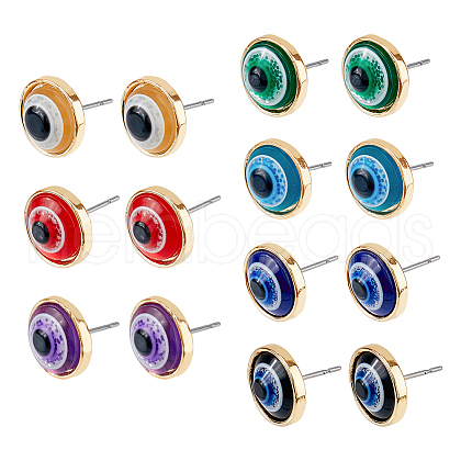 FIBLOOM 7 Pairs 7 Colors Resin Evil Eye Stud Earrings for Women EJEW-FI0001-71-1