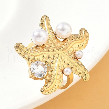 304 Stainless Steel Micro Pave Cubic Zirconia Plastic Pearl Cuff Rings RJEW-D310-02B-G-1