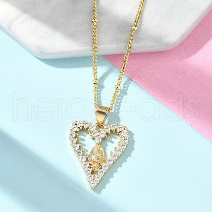 Brass Pave Clear Cubic Zirconia Heart Virgin Mary Pendant Necklaces for Women NJEW-D306-04G-A-1