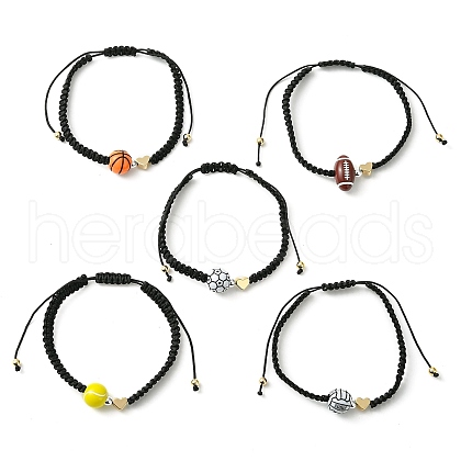 Sport Theme Acylic & Brass Heart Braided Bead Bracelet BJEW-JB09713-1