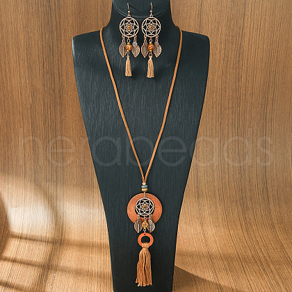 Woven Net/Web with Feather Alloy & Wood Necklaces & Earring Sets FS-WG8596C-02-1