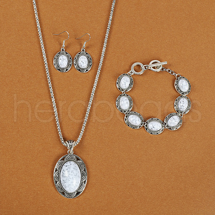 Oval Alloy with Synthetic Turquoise Pendant Necklaces & Dangle Earrings & Link Bracelets Sets WGD1135-01-1