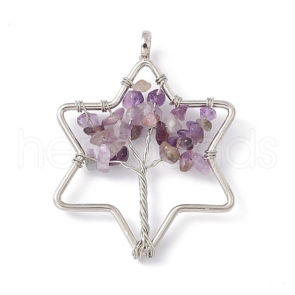Star Natural Amethyst Copper Wire Wrapped Chip Big Pendants G-E195-02P-1