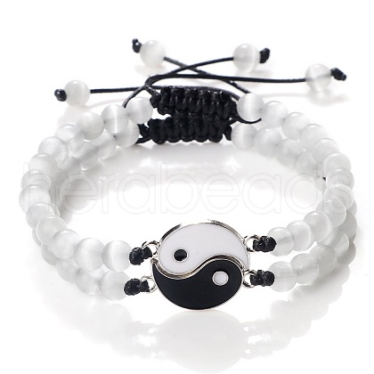 Adjustable Round White Cat Eye Beaded Stretch Bracelet Sets GW3439-7-1