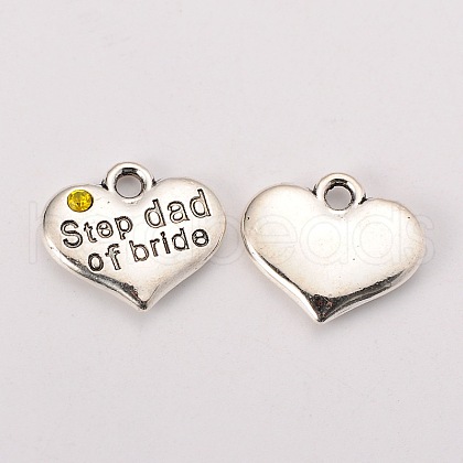 Wedding Theme Antique Silver Tone Tibetan Style Alloy Heart with Step Dad of Bride Rhinestone Charms TIBEP-N005-22D-1
