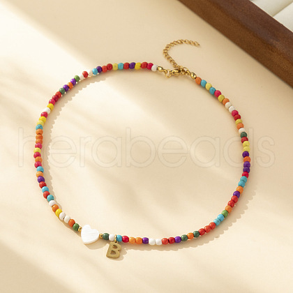 Heart Natural Shell & Colorful Glass Seed Round Beaded Necklaces FS-WGE10D5-02-1