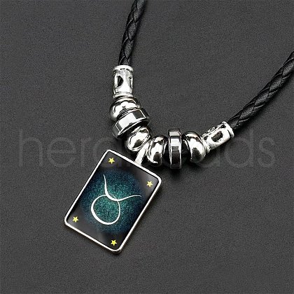 Luminous Rectangle with Constellation Alloy Glass Pendant Black Braided Imitation Leather Cord Necklaces WG00EE9-02-1