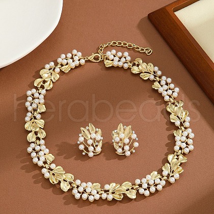 Ginkgo Leaf Zinc Alloy & Plastic Imitation Pearl Link Chain Necklace & Stud Earring Sets FS-WG12076-01-1