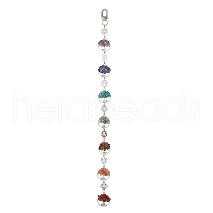 Flat Round with Tree of Life Natural & Synthetic Gemstone Chips Pendant Decorations HJEW-JM02335-1