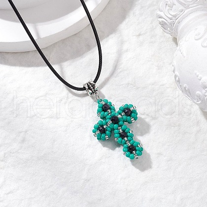 Glass Seed Beads & Synthetic Blue Goldstone Beaded Cross Pendant Necklaces NJEW-MZ00103-04-1