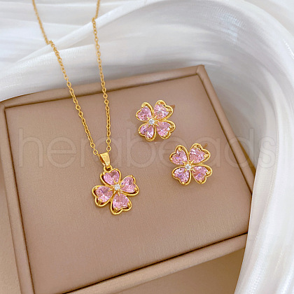 Brass Micro Pave Cubic Zirconia Pendant Necklace & Stud Earrings WG7AC39-139-1