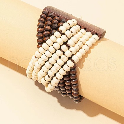 Ethnic Style Cross Wood Round Beaded Stretch Bracelets for Men Women FS-WG3B194-01-1