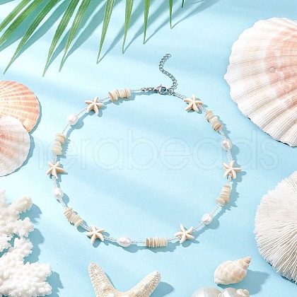 Summer Beach Synthetic Turquoise Starfish & Natural Cultured Freshwater Pearl & Shell & Glass Seed Beaded Necklaces for Women NJEW-TA00198-1