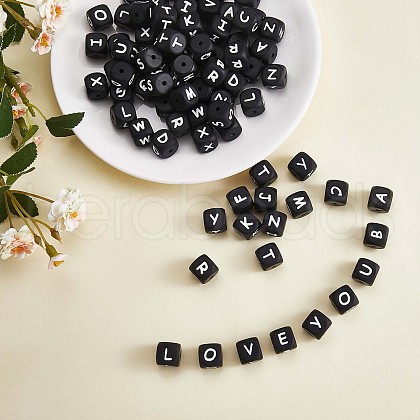 20Pcs Black Cube Letter Silicone Beads 12x12x12mm Square Dice Alphabet Beads with 2mm Hole Spacer Loose Letter Beads for Bracelet Necklace Jewelry Making JX433L-1