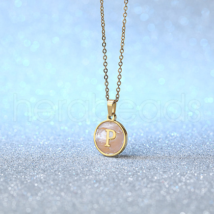 Flat Round Stainless Steel Pave Natural White Shell Initial Pendant Necklaces for Women FS-WG6FA45-16-1