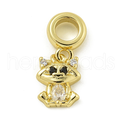 Rack Plating Brass Pave Clear & Black Cubic Zirconia Fox European Dangle Charms KK-Z067-55G-1