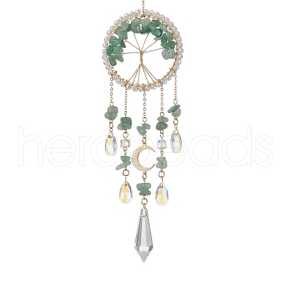 Wire Wrapped Natural Green Aventurine Chip Tree of Life Window Hanging Prism Ornaments HJEW-TA00283-03-1