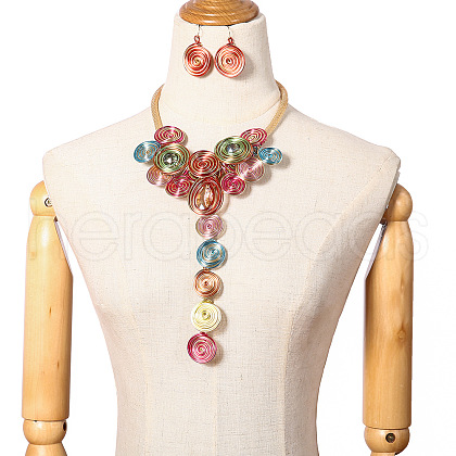 Alloy with Aluminum Wire Wrapped Plastic Beaded Pendant Necklaces & Dangle Earrings Sets WG2C641-01-1
