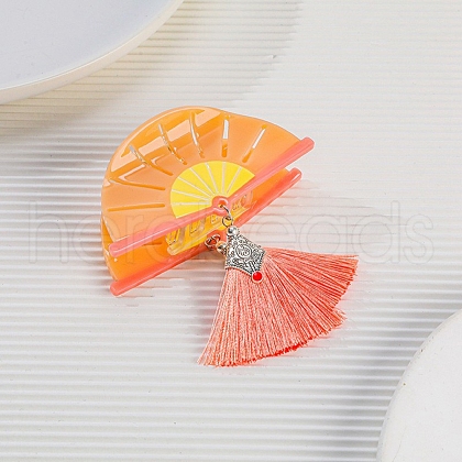 Fan with Fringe Cellulose Acetate(Resin) Claw Hair Clips PW-WG7066F-02-1