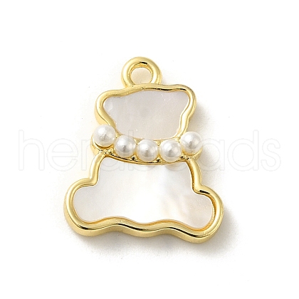 Oval/Bear Brass Pave Natural White Shell Pendants KK-D095-04B-G-1