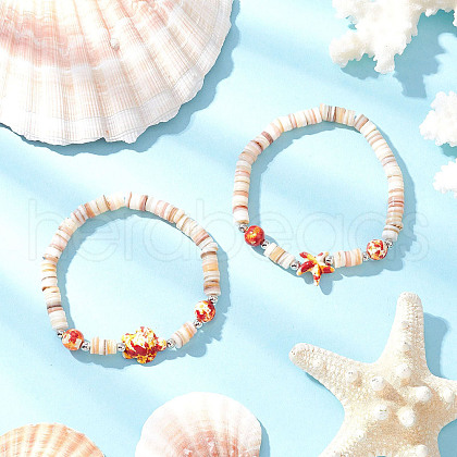 Sea Turtles and Starfish Natural Freshwater Shell Beads Bracelets BJEW-55.0-02-1
